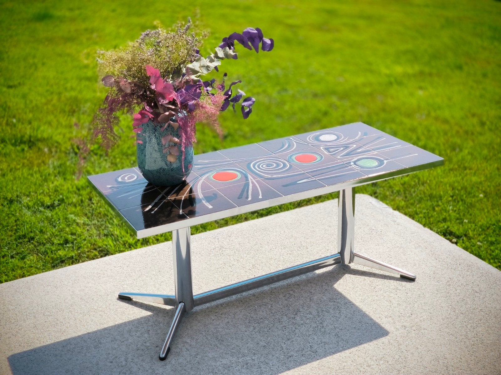 Salontafel in chroom en keramiek, jaren 70, Ophalen, Minder dan 50 cm, 100 tot 150 cm, Vintage