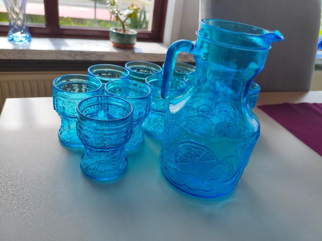 vintage blauw glazen set – kan + 10 glazen, Ophalen of Verzenden