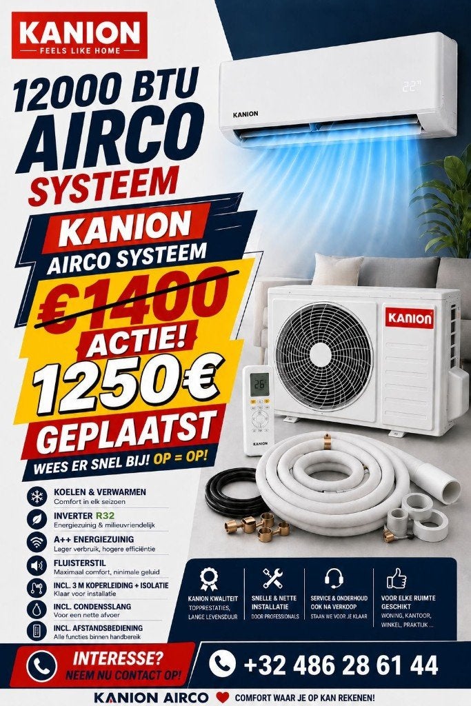 airco split binnen en buiten 12000 BTU, Electroménager, Climatiseurs, Neuf, 60 à 100 m³, 3 vitesses ou plus, Refroidissement et Déshumidification