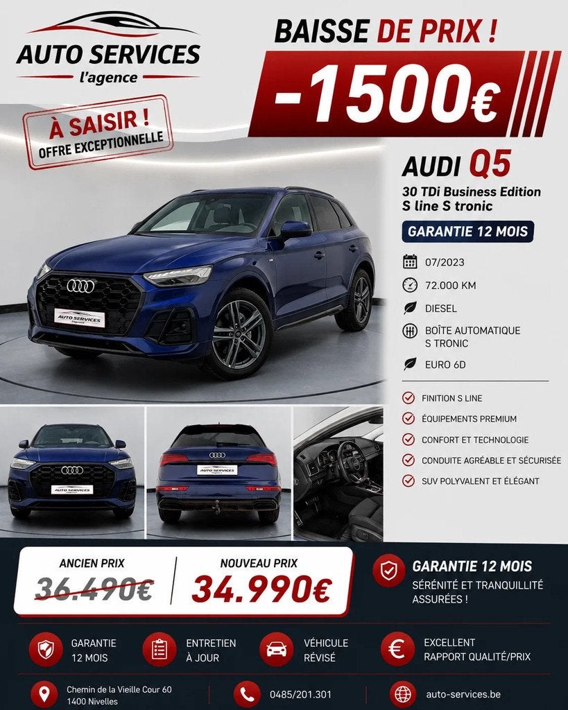 Audi Q5 30 TDi Business Edition S line S tronic Garantie 12, Auto's, Gebruikt, 4 cilinders, Q5, Leder