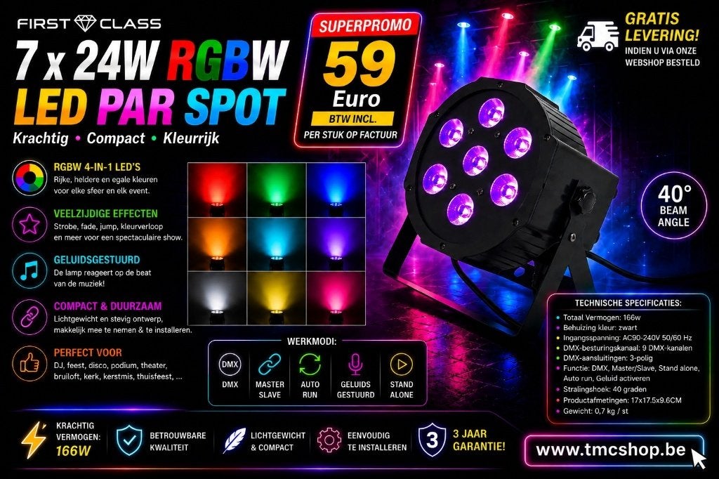 Nouveau PAR LED PLAT RGBWAUV DE PREMIÈRE CLASSE 7 X 24 W, Enlèvement ou Envoi, Neuf, Boule à facettes, Commande sonore