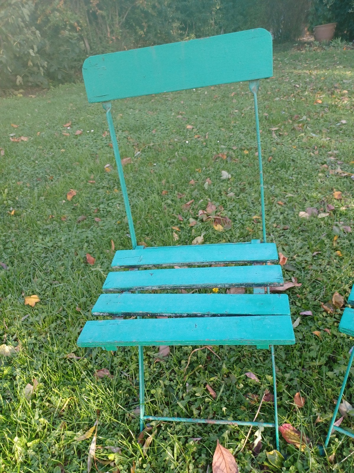 4 ijzeren plooistoeltje met houten zitting, Ophalen, Gebruikt, Metaal, Inklapbaar