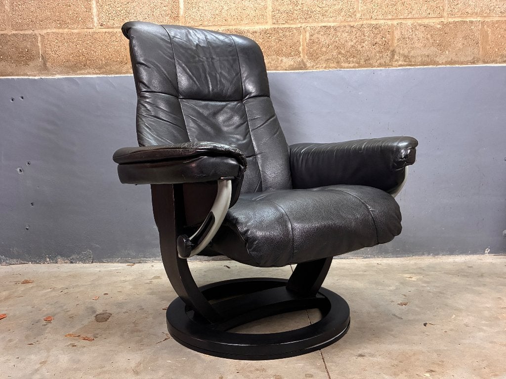 Leder zwart relax fauteuil stijl Ekornes Stressless, Ophalen, Gebruikt, Hout, Recliner Ekornes Scandinavisch Vintage Stressless