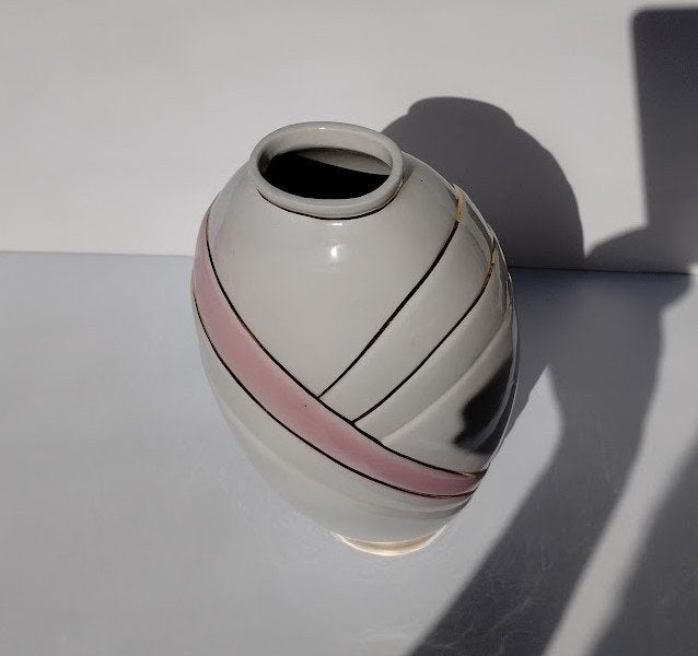 vase ovale, garniture blanche, rose et dorée, 28 cm, Rose, Comme neuf, Enlèvement