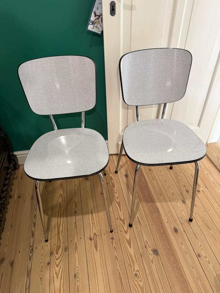 2 Formica stoelen chromé grijs goede staat, Ophalen, Gebruikt, Twee, Formica / Retro