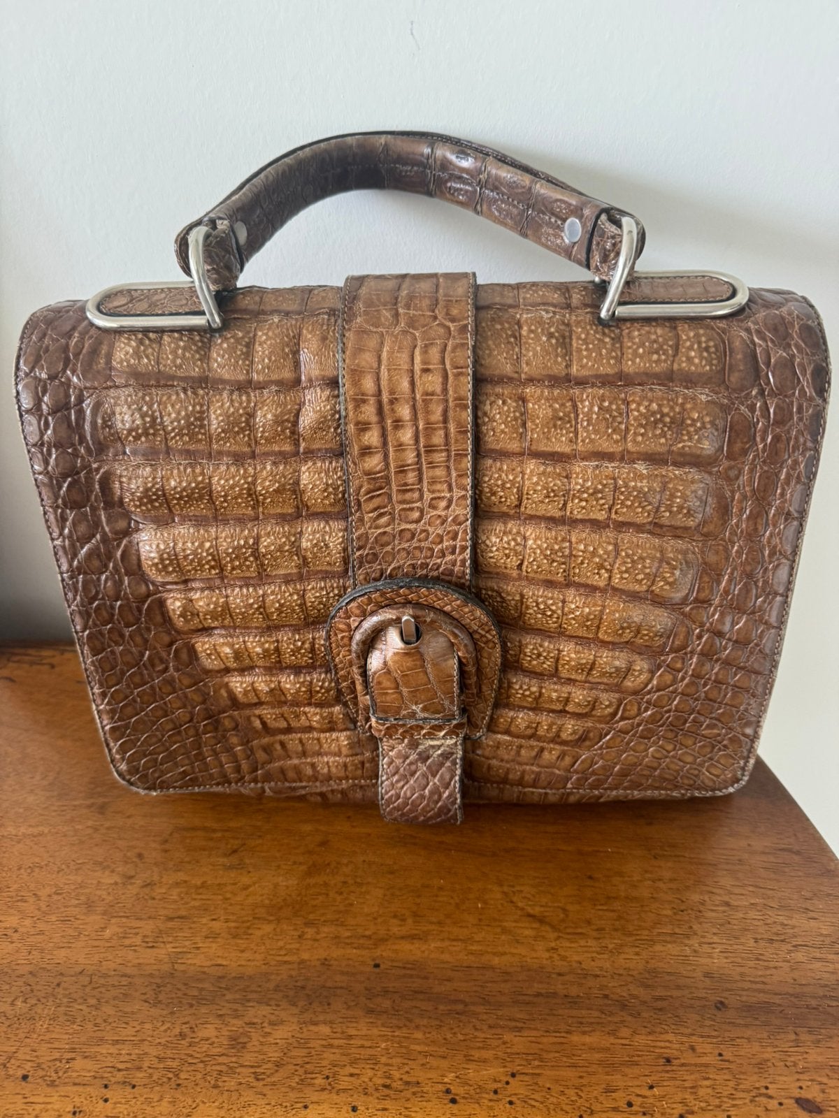 Sac à main en cuir véritable vintage authentique, Enlèvement ou Envoi, Utilisé, Brun, Sac à main