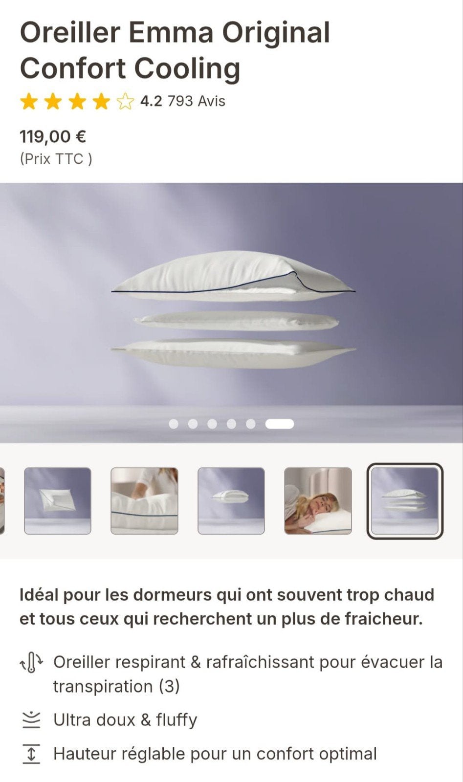 2 Oreillers EMMA ORIGINAL CONFORT Cooling, Maison & Meubles, Neuf, Oreiller, Avec fermeture éclair, Enlèvement