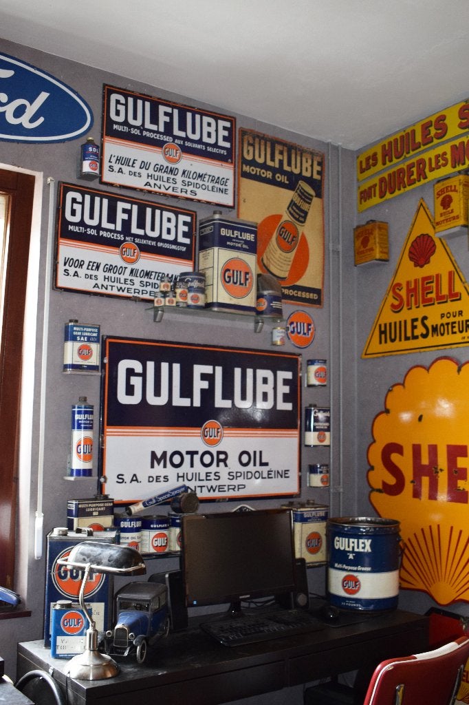 achete plaque émaillée bidon huile gulf 1930 1950, Collections, Enlèvement, Utilisé, Panneau publicitaire