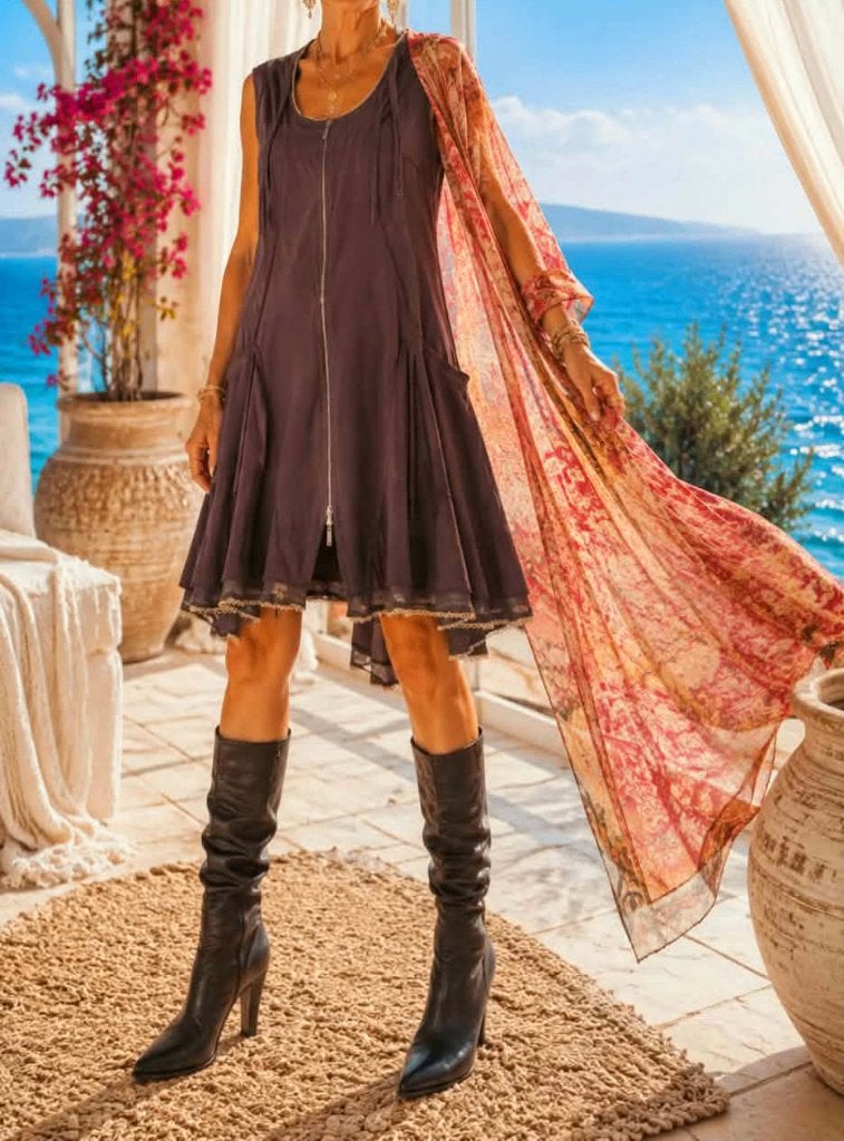 Boho asymmetrische jurk met ritssluiting 3 nieuw, Maat 38/40 (M), Bruin, Nieuw, Cocktailjurk