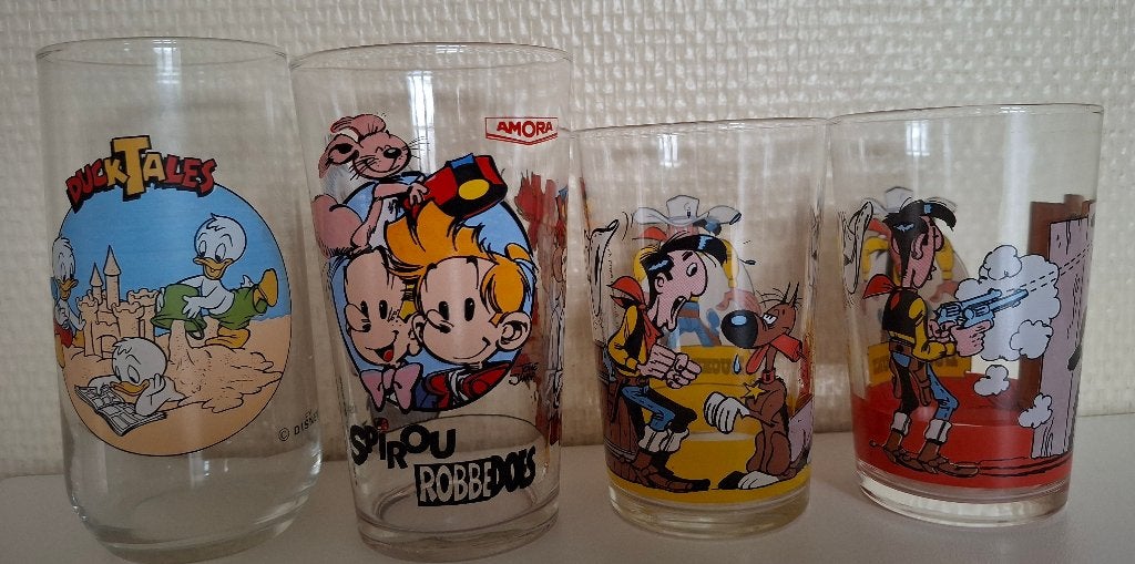 4 glazen Amora : Robbedoes/Lucky Luke/Ducktales (1994/1996), Verzamelen, Ophalen of Verzenden, Nieuw
