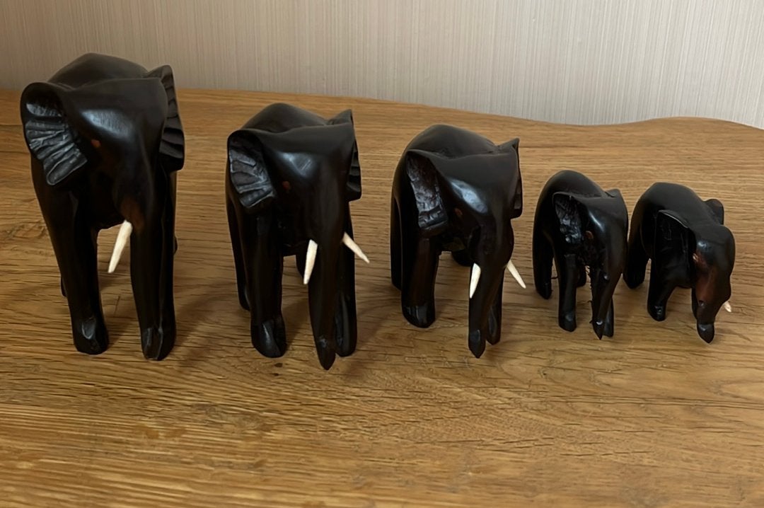 5 houte olifantjes, Collections, Collections Animaux, Enlèvement ou Envoi, Utilisé, Animal sauvage, Statue ou Figurine