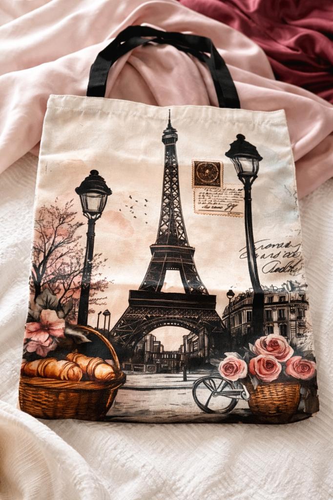 Sac cabas motif Tour Eiffel, style chic et romantique, Envoi, Neuf, Beige, Shopper
