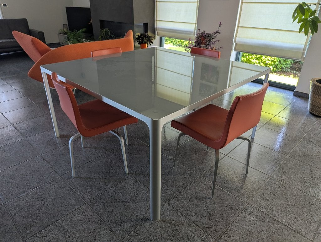 Vierkanre eettafel + 4 lederen draaistoelen - italiaans, Huis en Inrichting, Tafels | Eettafels, Ophalen, Gebruikt, Vierkant, Glas