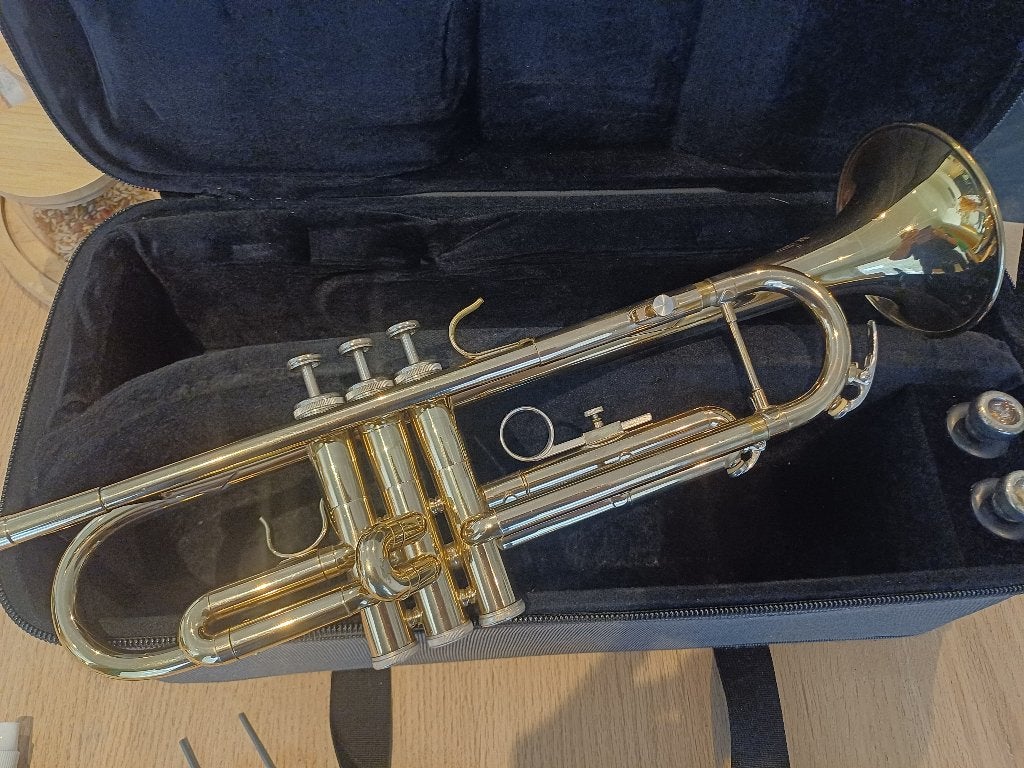 Trompet met koffer, draagtas, dempers en andere toebehoren, Ophalen, Gebruikt, Trompet in si bemol, Met koffer