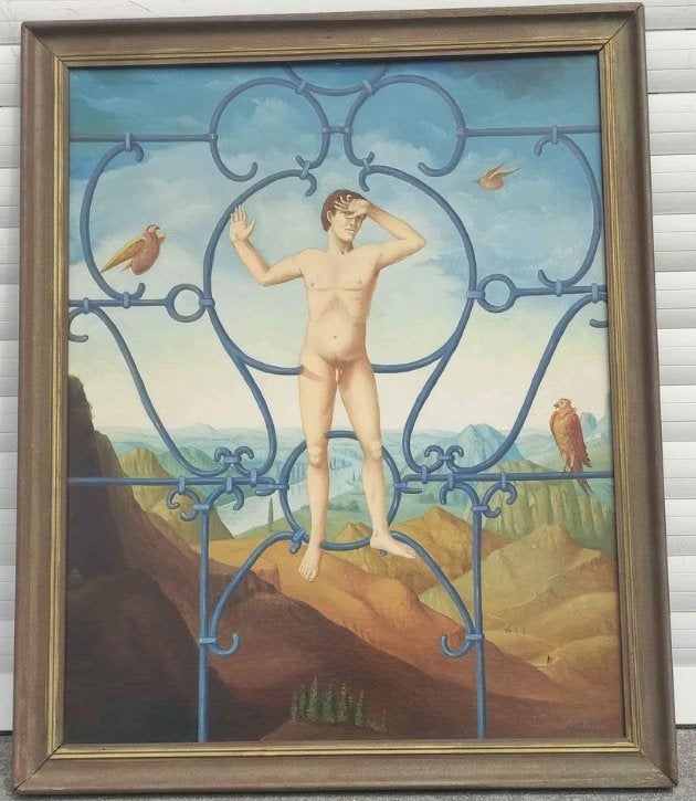 huile sur panneau cage doree signe carl prevot, Antiek en Kunst, Ophalen of Verzenden, Paneel