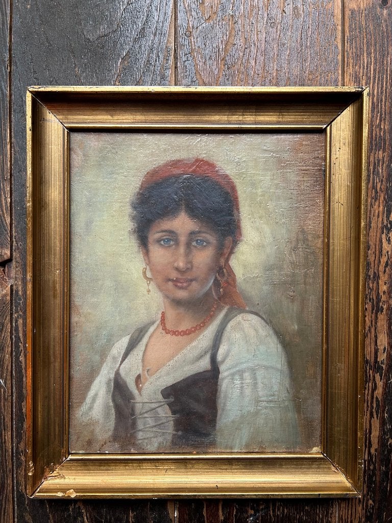 Portret van een jonge Italiaanse vrouw (Ciociara), Paneel, Handgeschilderd, Verzenden, Portret of Personen