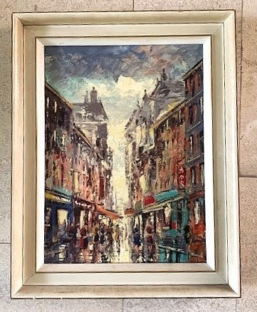 Les gens,  rue commerçante vers 1950 - signé indistinctement, Antiquités & Art, Enlèvement ou Envoi, Peinture à l'huile, Encadré