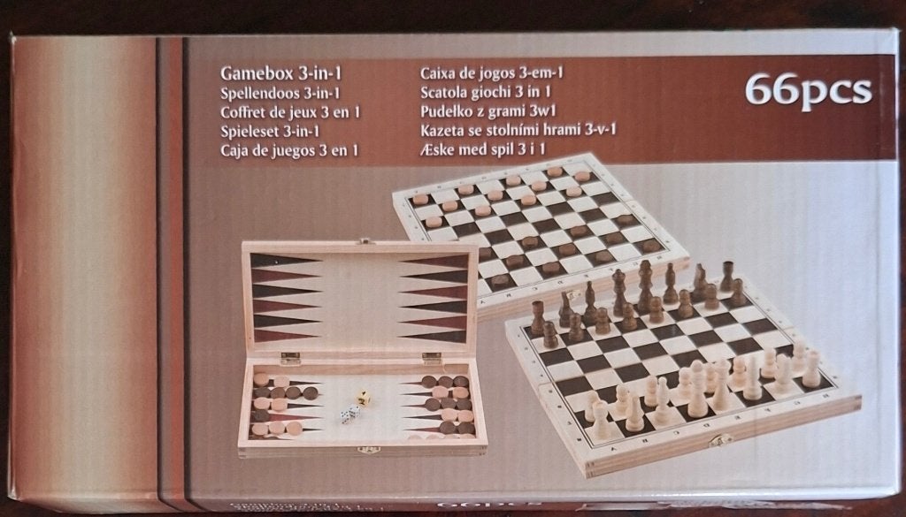 Schaken, Dammen en Backgammon houten stukken in één doos, Ophalen of Verzenden