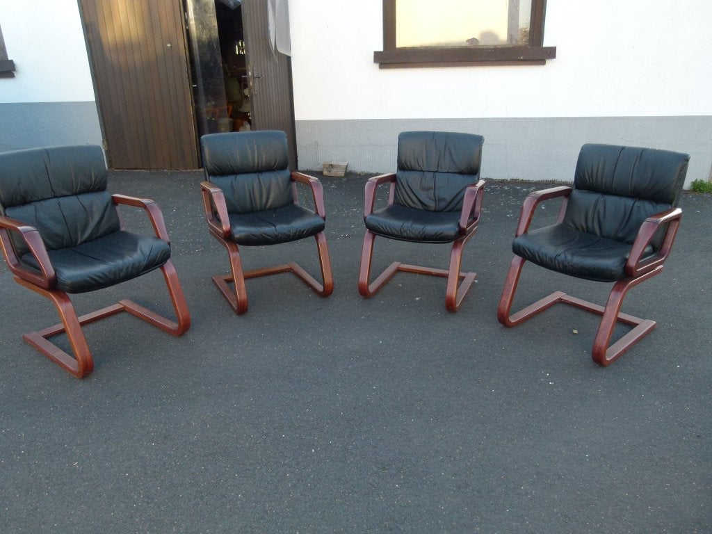 vintage stoel freischwinger leder set van 4, Ophalen, Zwart, Vintage, Hout