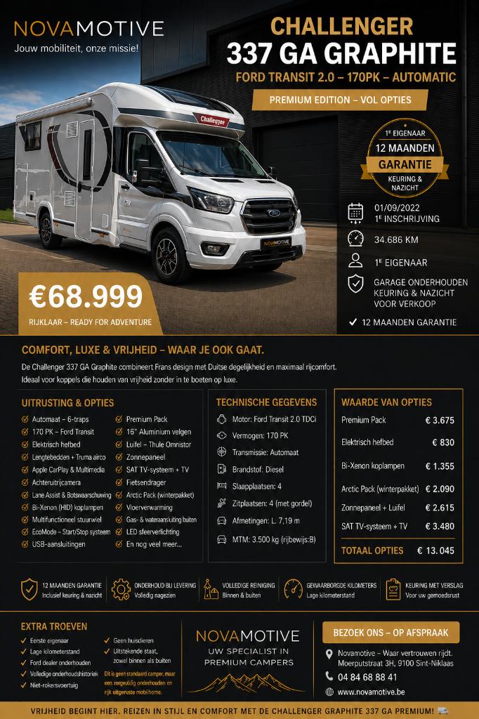 Challenger 337 GA Graphite PREMIUM, FULL OPT, Lengtebedden, Entreprise, Ford, Auvent, Diesel