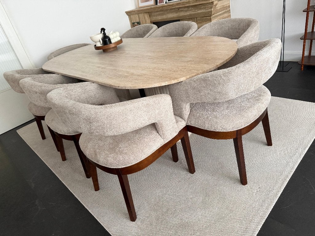 8x Chaises en bois et tissu bouclé texturé, Huis en Inrichting, Stoelen, Ophalen, Overige kleuren, Zo goed als nieuw, Vijf, Zes of meer stoelen