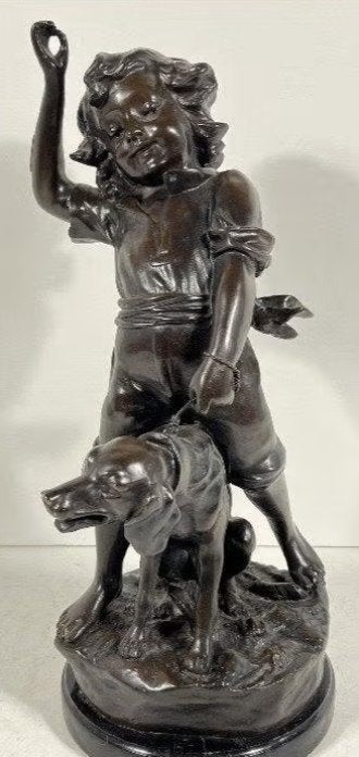bronze enfant et son chien signe, Antiquités & Art, Enlèvement, Bronze