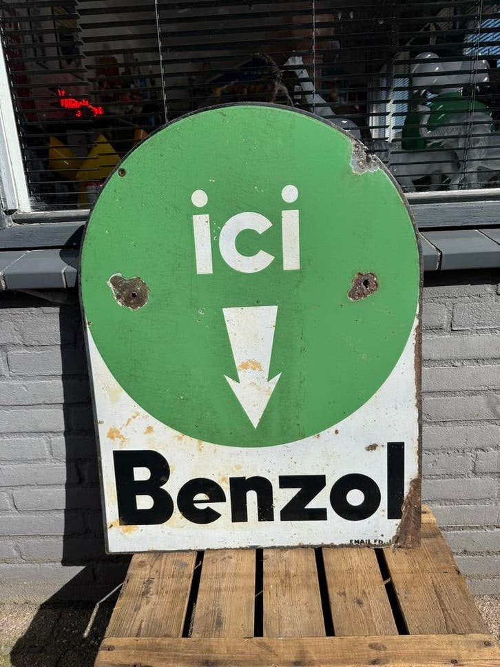 Benzol olie oud emaille reclamebord, Enlèvement