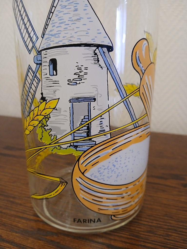 Lot 3 Bocaux couvercle hermétique motifs moulins/farine 1,6l, Maison & Meubles, Comme neuf, Verre, Enlèvement, Autres styles