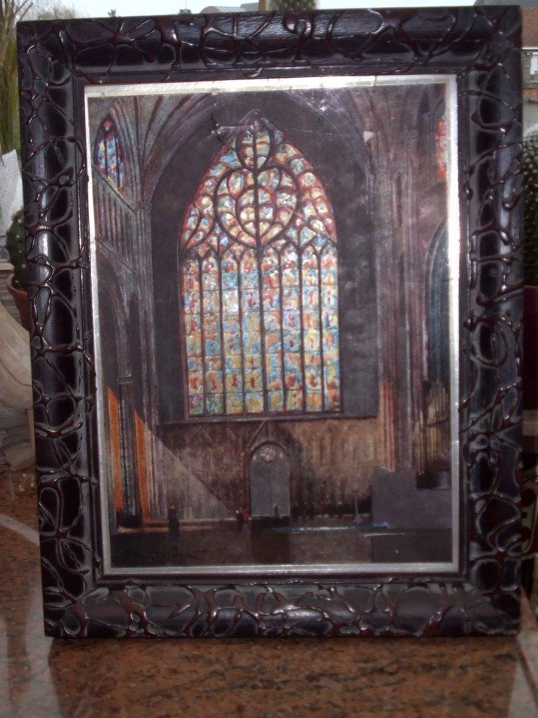 aluminium erts kerk met ingekleurd glasraam, Ophalen of Verzenden, Religie, Ets