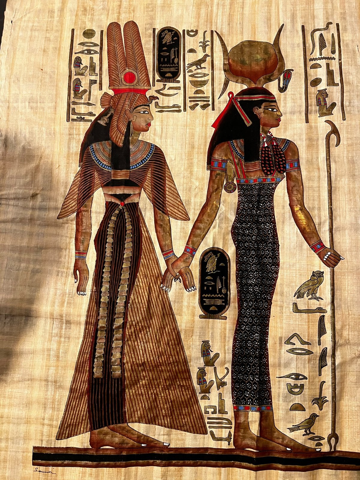 Peinture sur papyrus égyptien, cadre doré, Enlèvement