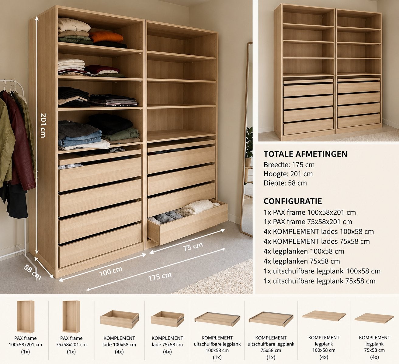 IKEA PAX Kledingkast Set (2 kasten) – 175 cm breed – 8 lades, Huis en Inrichting, Ophalen, 200 cm of meer, 150 tot 200 cm, IKEA PAX