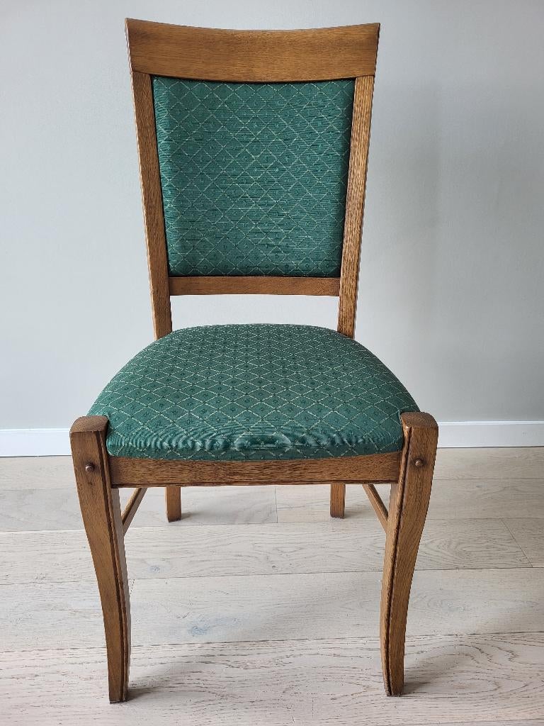 Chaises (6 pièces) en chêne satiné et tissu vert., Huis en Inrichting, Stoelen, Ophalen, Overige kleuren, Zo goed als nieuw, Vijf, Zes of meer stoelen