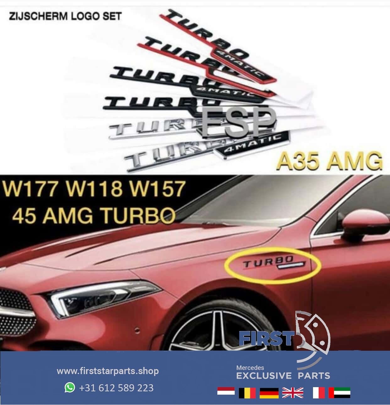 AMG TURBO 4MATIC LOGO SET W177 W118 W156 45 EMBLEMEN LINKS R, Utilisé, -, Avant, -