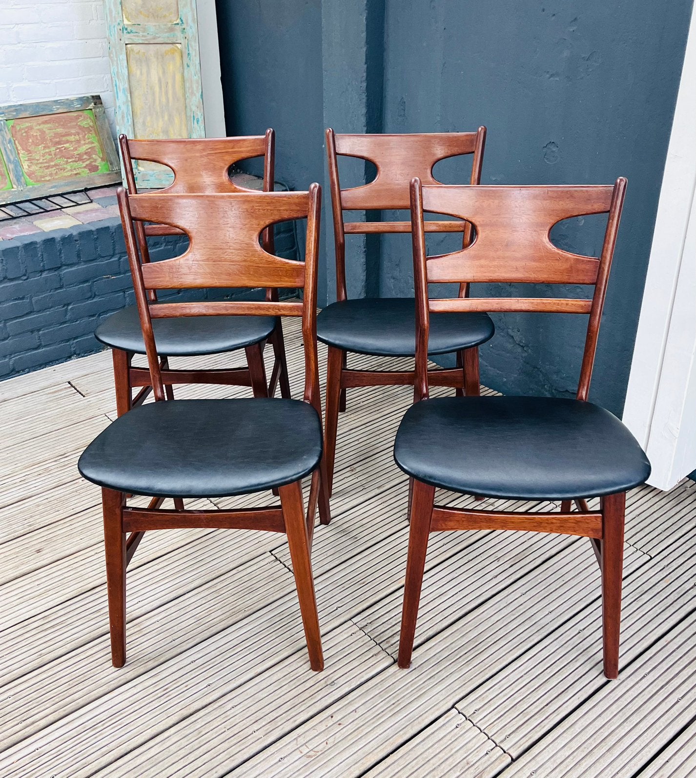 Vier vintage eetkamerstoelen teak, Ophalen, Zwart, Vintage, Hout