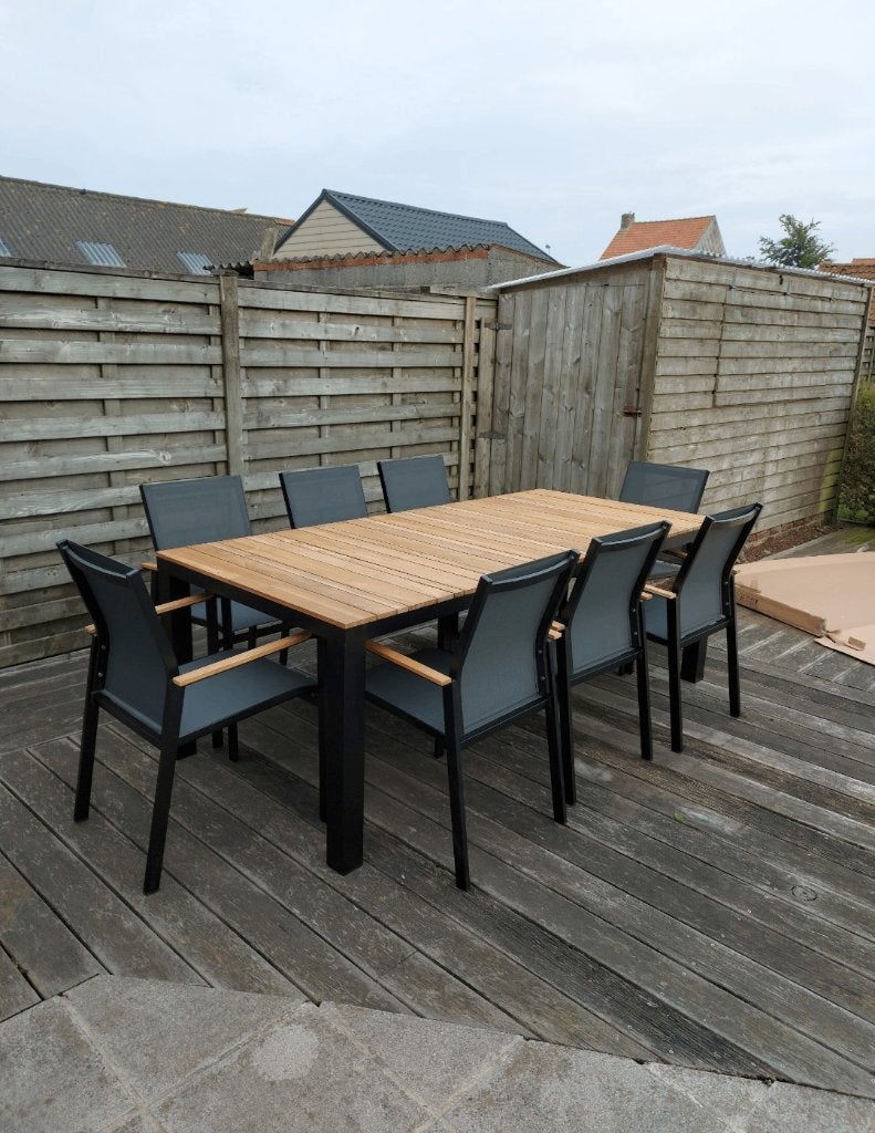 Teak tuintafel met 8 stoelen, Tuin en Terras, Ophalen, Gebruikt, Rechthoekig, Teakhout
