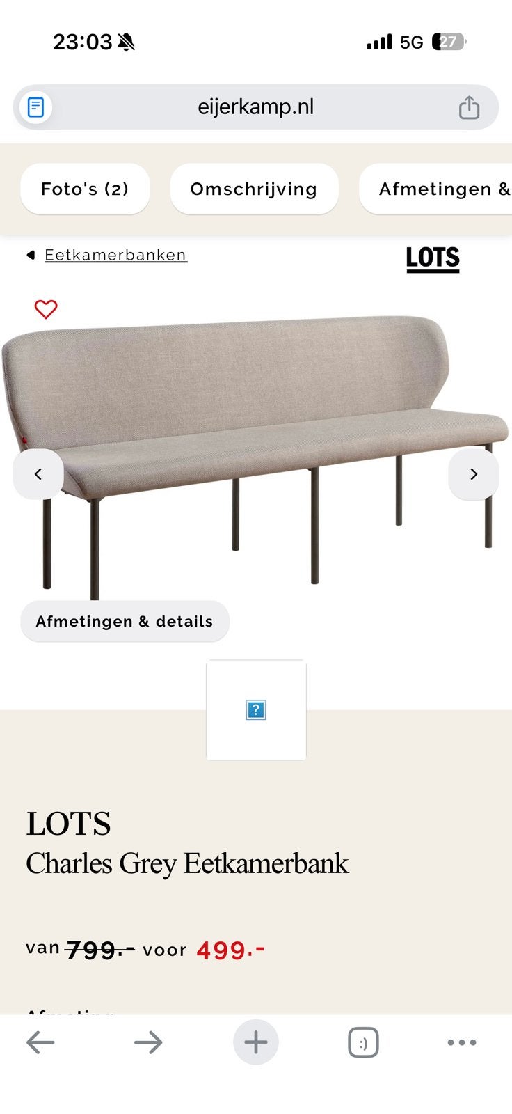 Ijerkamp charles eetkamerbank/wandbank 180cm, Ophalen, Zo goed als nieuw