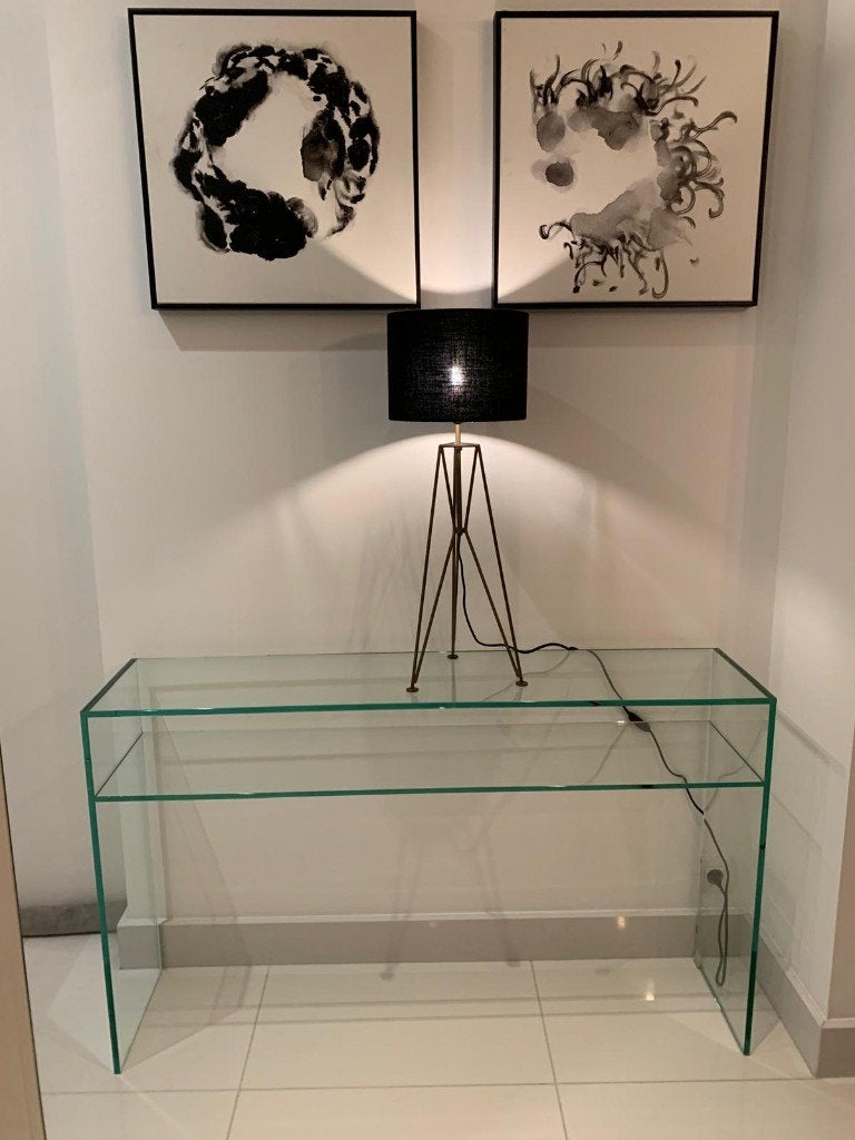 Glazen design sidetable / consoletafel (Helderr), Huis en Inrichting, Ophalen, 100 tot 150 cm, Glas, Zo goed als nieuw