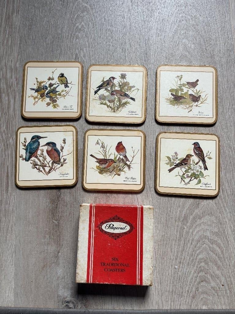 Sous-verres Vintage Pimpernel - Oiseaux européens (1970), Multicolore, Liège, Sous-verre, Avec boîte de rangement