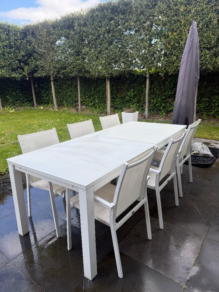 Rechthoekige tuinset in wit aluminium met 6 stoelen, Tuin en Terras, Ophalen, Gebruikt, Eettafel, Meer dan 8 zitplaatsen