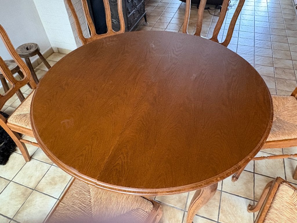 Ronde tafel (uitschuifbaar) en 6 stoelen, Ophalen, Gebruikt, Rond, Eikenhout