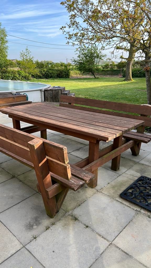 Houten tuinbank met tafel, Tuin en Terras, Picknicktafels, Gebruikt, Rechthoekig, Hout, Ophalen