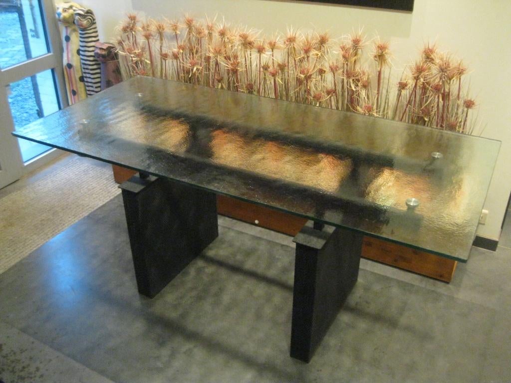 Table design en métal et verre, 150 à 200 cm, Comme neuf, Verre, Enlèvement