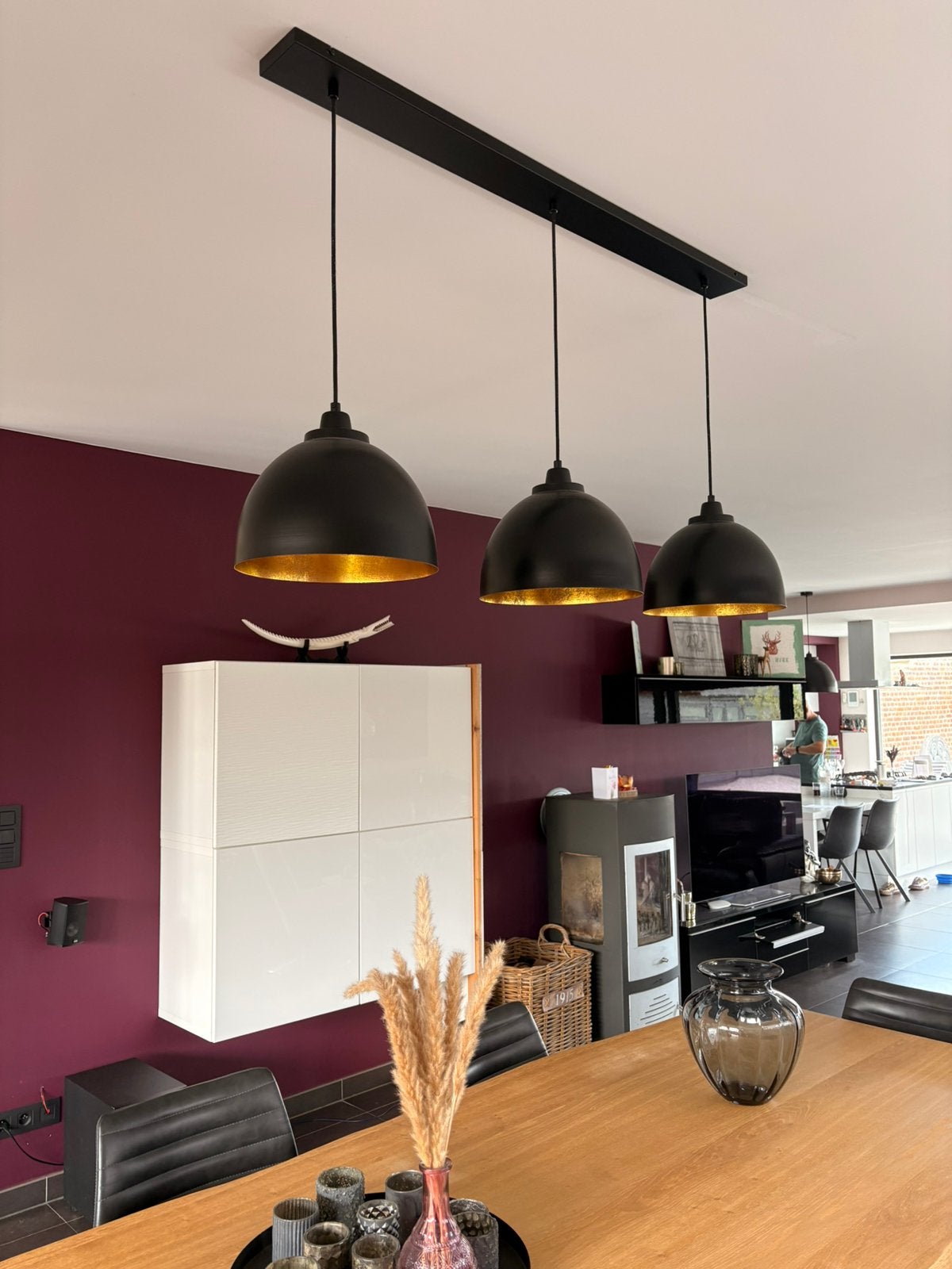 Zwarte hanglamp met 3 bollen gouden binnenkant, Ophalen, Zo goed als nieuw, Glas