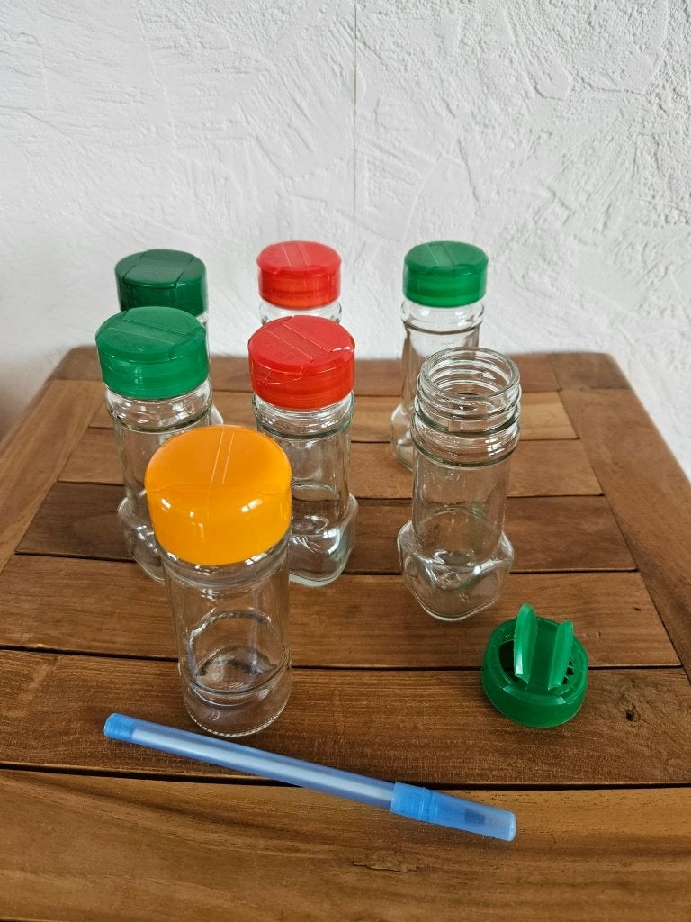 Lot de 7 pots à épices en verre bocal bocaux, Maison & Meubles, Enlèvement ou Envoi, Utilisé, Verre, Récipient(s)