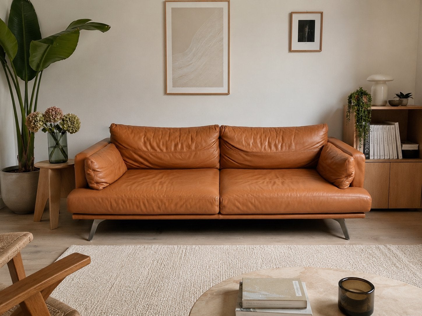 Mooie 3-persoons lederen bank in cognac kleur, 200 à 250 cm, Banc droit, Comme neuf, Enlèvement