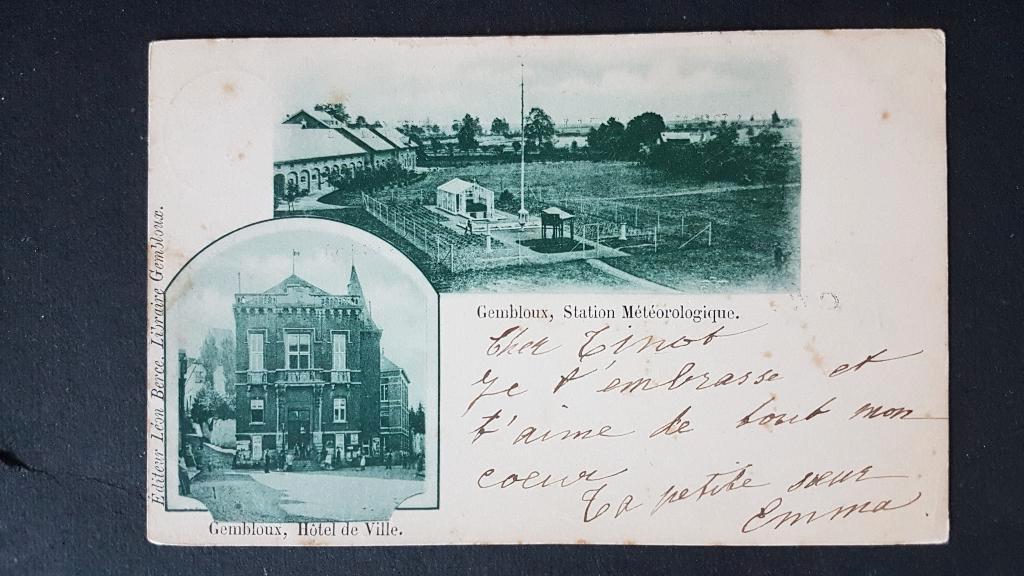 Postkaart Gembloux Station Météorologique Hôtel de Ville, Verzamelen, Postkaarten | België, Ophalen of Verzenden, Voor 1920, Gelopen