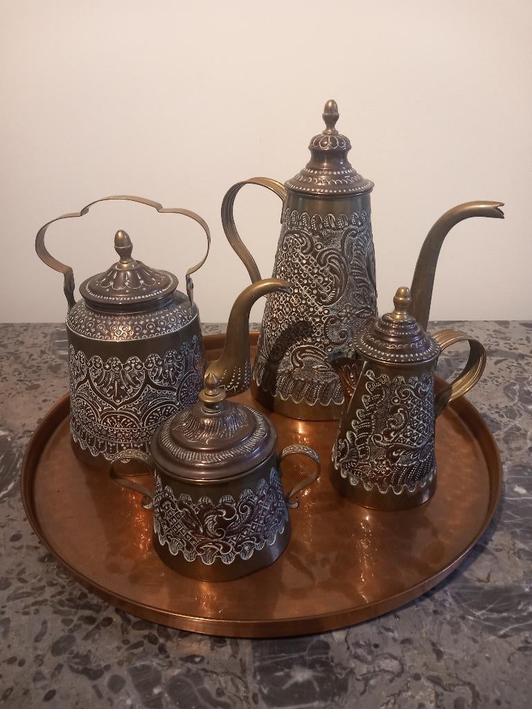 Antieke thee en koffieset messing, Ophalen of Verzenden
