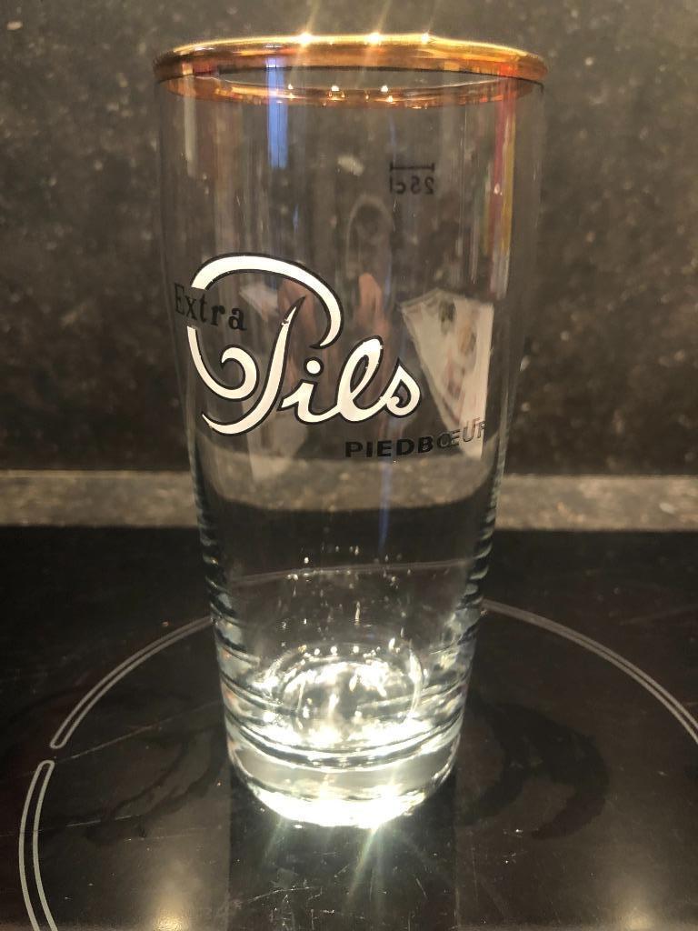 piedboeuf extra pils glas 25 cl geëmailleerd, Verzamelen, Ophalen, Gebruikt, Glas of Glazen, Overige merken