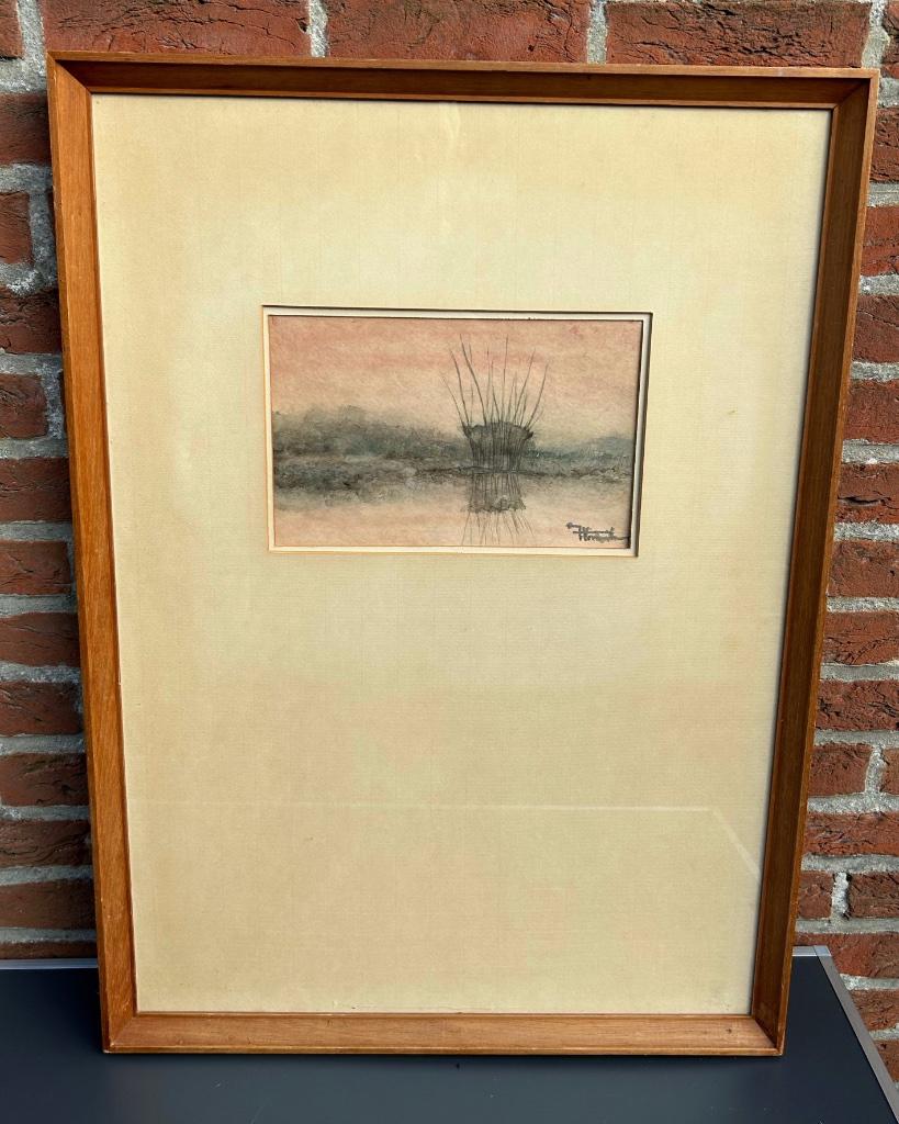 Aquarel in grote kader, landschap, Ophalen of Verzenden