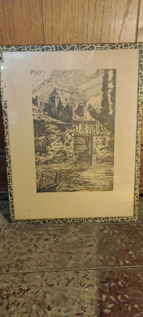 Antieke gravure Alfred Menu - Molenlandschap, 25x32, n230, Antiek en Kunst, Kunst | Etsen en Gravures, Gravure, Landschap, Ophalen of Verzenden
